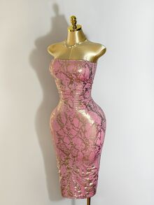 Zolique Pink Hot Stamping Strapless Sexy Versatile Dress - Red - View 5