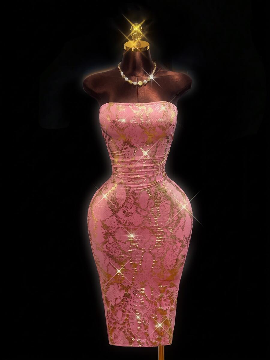 Zolique Pink Hot Stamping Strapless Sexy Versatile Dress - Red - View 1
