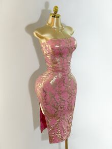 Zolique Pink Hot Stamping Strapless Sexy Versatile Dress - Red - View 7