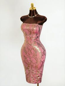 Zolique Pink Hot Stamping Strapless Sexy Versatile Dress - Red - View 3