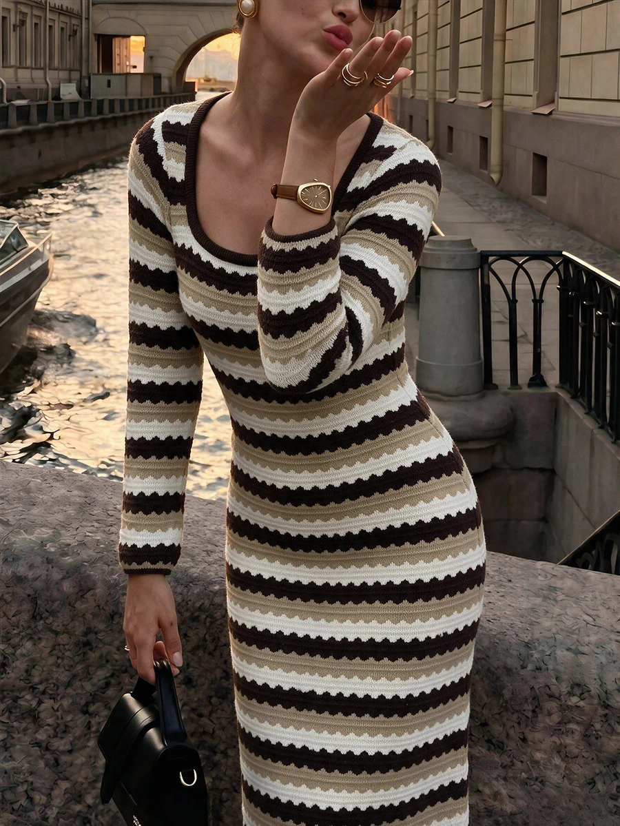 SHEIN PariChic 女款U領白色拼接修身腰長袖針織洋裝,適合城市度假日常穿著,秋季法式優雅風 - 彩色 - 查看 1