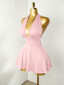 Mistrie Soft Pink Summer Seksi Chic Club Night Tight-Fitting Romper Deep V-Neck Backless Strap Casual Fashion Summer Holiday Beach Vacation Outfits For Women - Baby Pink - View 4