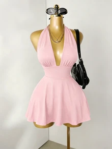 Mistrie Soft Pink Summer Seksi Chic Club Night Tight-Fitting Romper Deep V-Neck Backless Strap Casual Fashion Summer Holiday Beach Vacation Outfits For Women - Baby Pink - View 1