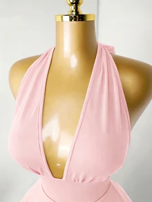 Mistrie Soft Pink Summer Seksi Chic Club Night Tight-Fitting Romper Deep V-Neck Backless Strap Casual Fashion Summer Holiday Beach Vacation Outfits For Women - Baby Pink - View 6