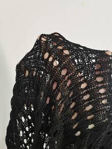 SHEIN Swim Curve 针织纯色 V 领穿孔纹理系带腰部短袖罩衫 - 黑色 - 查看 6
