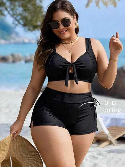 SHEIN Swim قطعة واحدة من ملابس السباحة السفلية للنساء بمقاس كبير، لون موحد، خصر برباط، تغطية البطن، للرياضة والعطلات والشاطئ والدراجات، صيفية، سوداء، فضفاضة