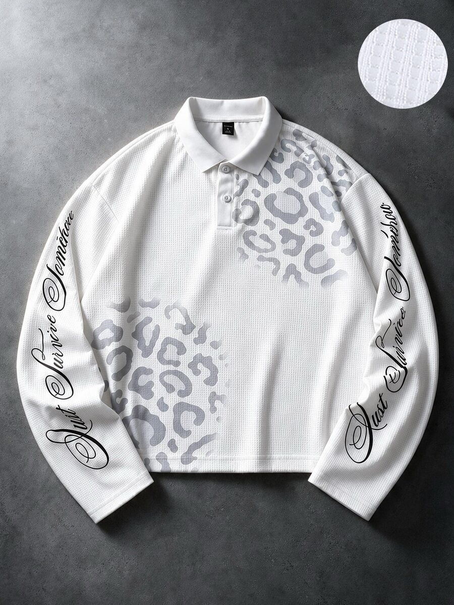 ROMWE MEN Street Life Leopard Print Graphic Loose Polo Shirt Streetwear Vintage - White - View 1