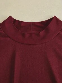 GlowEve Women's Semi-High Neck Long Sleeve Dress, Ruched High Waist Lace Patchwork Mini Skirt, Commute Party Elegant Slim Fit Bodycon Dress - Burgundy - View 8