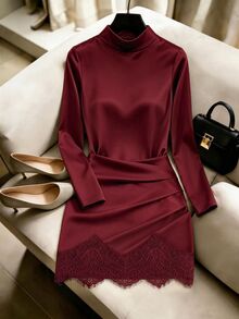 GlowEve Women's Semi-High Neck Long Sleeve Dress, Ruched High Waist Lace Patchwork Mini Skirt, Commute Party Elegant Slim Fit Bodycon Dress - Burgundy - View 4