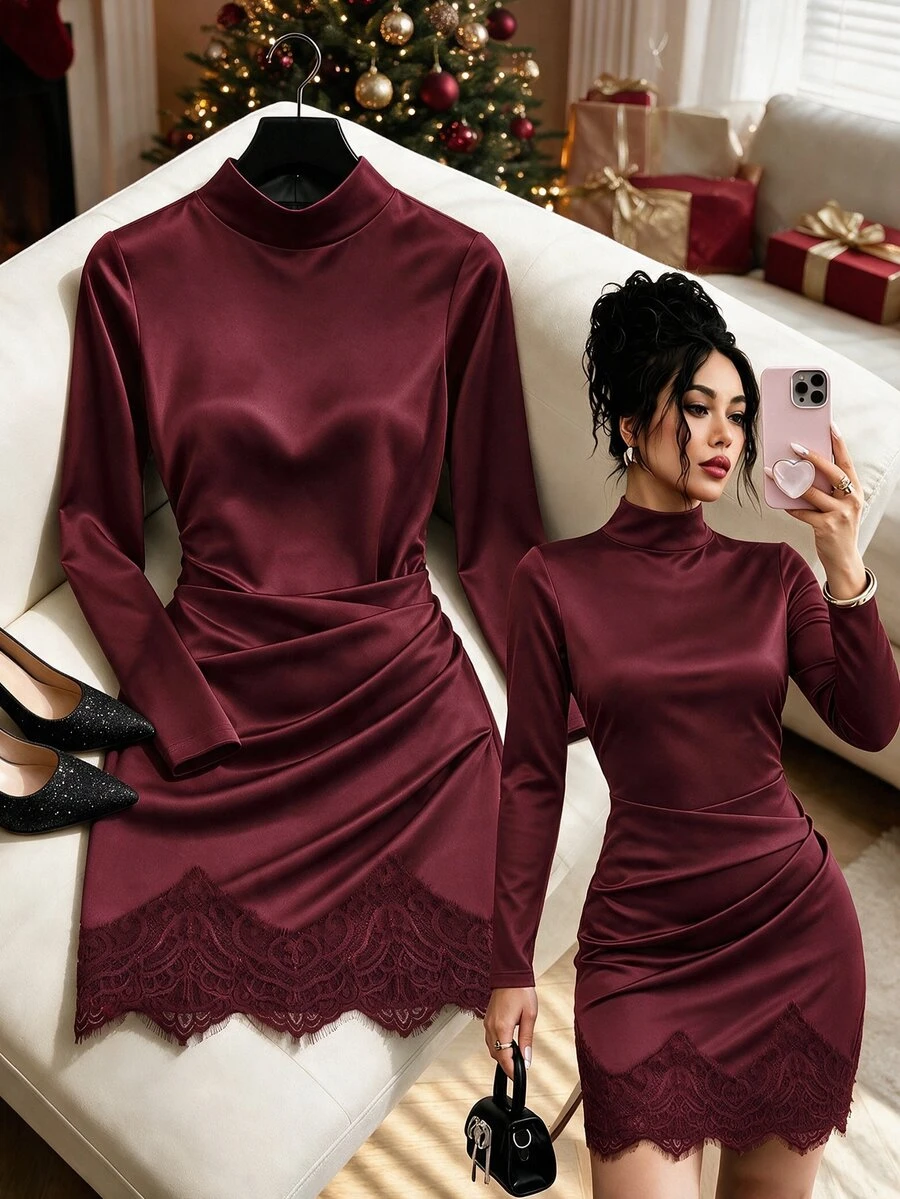 GlowEve Women's Semi-High Neck Long Sleeve Dress, Ruched High Waist Lace Patchwork Mini Skirt, Commute Party Elegant Slim Fit Bodycon Dress - Burgundy - View 1