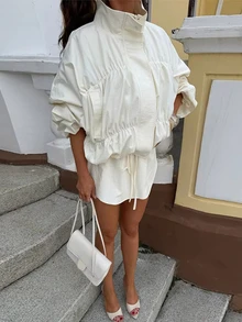 Siren Gaze Women's New Autumn/Winter Loose Fit Stand Collar Jacket Travel Everyday Cream Casual Simple - Apricot - View 8
