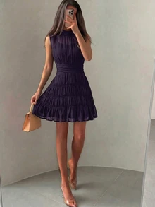 Modelyn 深紫色雪紡抽褶腰無袖優雅浪漫法式度假宴會雞尾酒會女款洋裝 - 紫色 - 查看 4
