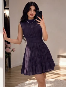 Modelyn 深紫色雪紡抽褶腰無袖優雅浪漫法式度假宴會雞尾酒會女款洋裝 - 紫色 - 查看 1