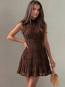 Modelyn Dark Brown Chiffon Shirred Waist Sleeveless Elegant Romantic French Style Vacation Party Brunch Cocktail Dress For Women - Coffee Brown - View 5