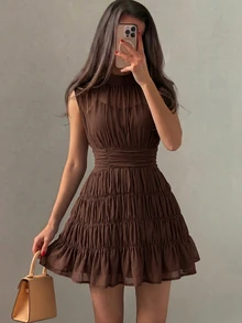 Modelyn Dark Brown Chiffon Shirred Waist Sleeveless Elegant Romantic French Style Vacation Party Brunch Cocktail Dress For Women - Coffee Brown - View 3