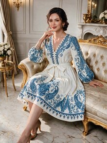 Rometta Court Retro  Plus Size Women Locating Floral Print Elegant Lantern Sleeve V-Neck Elastic Waist A-Line Dress Fall Cloth For Women - Blue - View 1