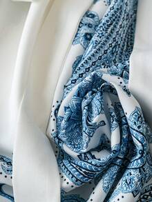 Rometta Court Retro  Plus Size Women Locating Floral Print Elegant Lantern Sleeve V-Neck Elastic Waist A-Line Dress Fall Cloth For Women - Blue - View 7