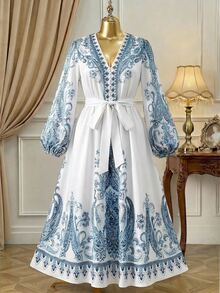 Rometta Court Retro  Plus Size Women Locating Floral Print Elegant Lantern Sleeve V-Neck Elastic Waist A-Line Dress Fall Cloth For Women - Blue - View 9