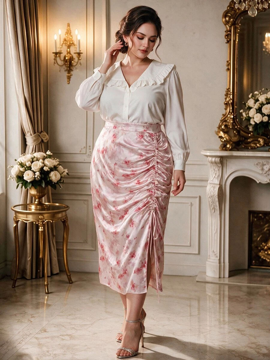 Rometta Plus Size Floral Print Drawstring Slit Skirt Maxi Wedding Beach Evening Vacation Outfits Women Pink Summer Elegant - Pink - View 1