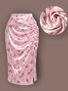 Rometta Plus Size Floral Print Drawstring Slit Skirt Maxi Wedding Beach Evening Vacation Outfits Women Pink Summer Elegant - Pink - View 8