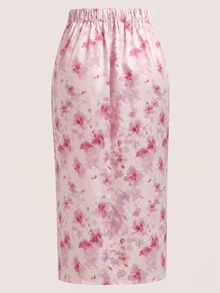 Rometta Plus Size Floral Print Drawstring Slit Skirt Maxi Wedding Beach Evening Vacation Outfits Women Pink Summer Elegant - Pink - View 2