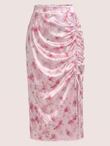 Rometta Plus Size Floral Print Drawstring Slit Skirt Maxi Wedding Beach Evening Vacation Outfits Women Pink Summer Elegant - Pink - View 3
