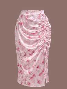 Rometta Plus Size Floral Print Drawstring Slit Skirt Maxi Wedding Beach Evening Vacation Outfits Women Pink Summer Elegant - Pink - View 7