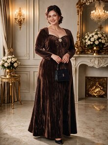 Rometta Women's Elegant Party Brown Square Neck Long Sleeve Ruched A-Line Maxi Dress,Metal Pin Decor,Brushed Jacquard Pleated Texture,Autumn,Formal Banquet - Coffee Brown - View 1