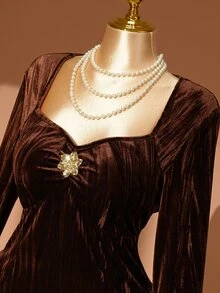 Rometta Women's Elegant Party Brown Square Neck Long Sleeve Ruched A-Line Maxi Dress,Metal Pin Decor,Brushed Jacquard Pleated Texture,Autumn,Formal Banquet - Coffee Brown - View 5