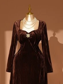 Rometta Women's Elegant Party Brown Square Neck Long Sleeve Ruched A-Line Maxi Dress,Metal Pin Decor,Brushed Jacquard Pleated Texture,Autumn,Formal Banquet - Coffee Brown - View 7
