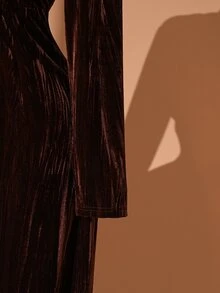 Rometta Women's Elegant Party Brown Square Neck Long Sleeve Ruched A-Line Maxi Dress,Metal Pin Decor,Brushed Jacquard Pleated Texture,Autumn,Formal Banquet - Coffee Brown - View 4