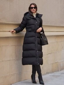 SHEIN معطف شتوي طويل مبطن بشكل خاص عالي الجودة دافئ بياقة عالية وغطاء رأس - الأسود - مشاهدة 4