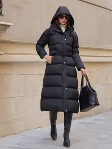 SHEIN معطف شتوي طويل مبطن بشكل خاص عالي الجودة دافئ بياقة عالية وغطاء رأس - الأسود - مشاهدة 3