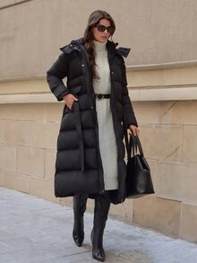 SHEIN معطف شتوي طويل مبطن بشكل خاص عالي الجودة دافئ بياقة عالية وغطاء رأس - الأسود - مشاهدة 6