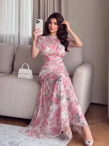 Modelyn Elegant Romantic Floral Print Chiffon Dress, Pleated Graceful High-End Fashion Evening Wedding Gown For Women Blush Pink Brunch Tea Party - Pink - View 10