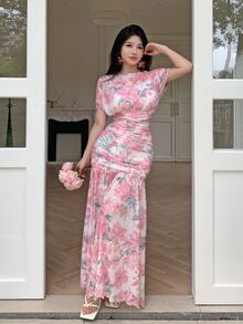 Modelyn Elegant Romantic Floral Print Chiffon Dress, Pleated Graceful High-End Fashion Evening Wedding Gown For Women Blush Pink Brunch Tea Party - Pink - View 8