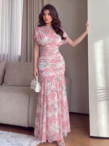 Modelyn Elegant Romantic Floral Print Chiffon Dress, Pleated Graceful High-End Fashion Evening Wedding Gown For Women Blush Pink Brunch Tea Party - Pink - View 2