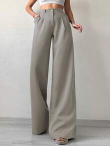 SHEIN Chic High Waist Pleated Wide Leg Pants - Grey - View 5