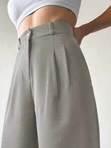 SHEIN Chic High Waist Pleated Wide Leg Pants - Grey - View 3