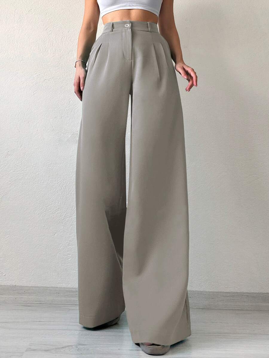 SHEIN Chic High Waist Pleated Wide Leg Pants - Grey - View 1