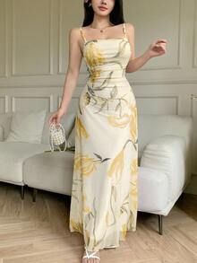 Modelyn Women's Mesh Floral Print Spaghetti Strap Ruffle Waist Summer Casual Dress - Yellow - View 6