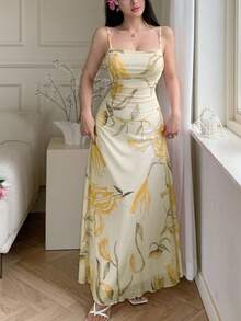 Modelyn Women's Mesh Floral Print Spaghetti Strap Ruffle Waist Summer Casual Dress - Yellow - View 4