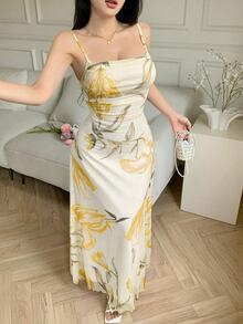 Modelyn Women's Mesh Floral Print Spaghetti Strap Ruffle Waist Summer Casual Dress - Yellow - View 9