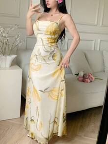 Modelyn Women's Mesh Floral Print Spaghetti Strap Ruffle Waist Summer Casual Dress - Yellow - View 7