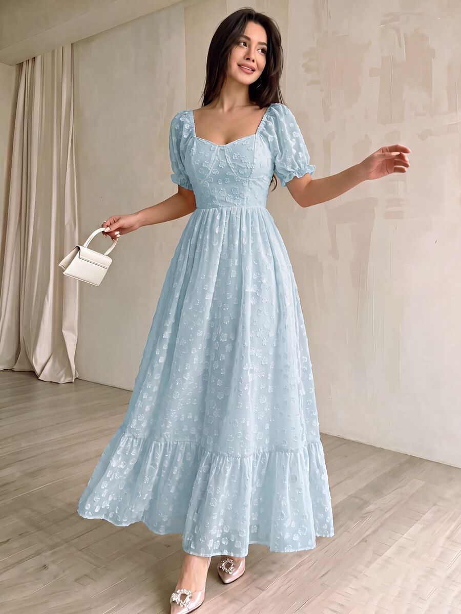 Modelyn 女式泡泡袖提花面料设计喇叭下摆法式优雅甜美夏装 - 藍色 - 查看 1