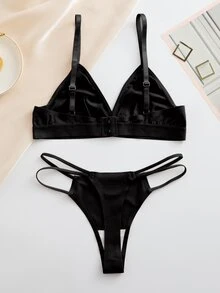 SHEIN Women's Lingerie Set (Seamless Bra & Thong) Black Seamless 2-Piece Set - Black - View 4