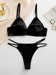 SHEIN Women's Lingerie Set (Seamless Bra & Thong) Black Seamless 2-Piece Set - Black - View 3