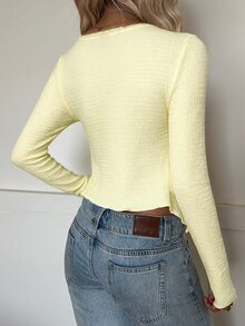 SHEIN EZwear 女款優雅浪漫可愛通勤純色不對稱下擺T恤，秋季淡黃色長袖上衣，適合早午餐穿搭 - 淡黃色 - 查看 2