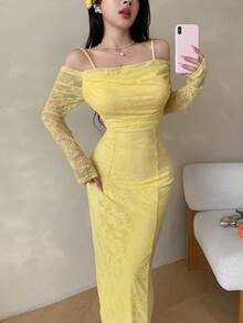 Modelyn Yellow Women's Lace Spaghetti Strap Long Sleeve Plunging Neckline Elegant Party Dress Fall Cloth For Women, Bodycon Formal, Evening - Yellow - View 8