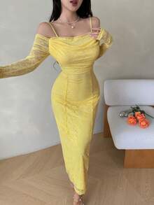 Modelyn Yellow Women's Lace Spaghetti Strap Long Sleeve Plunging Neckline Elegant Party Dress Fall Cloth For Women, Bodycon Formal, Evening - Yellow - View 7